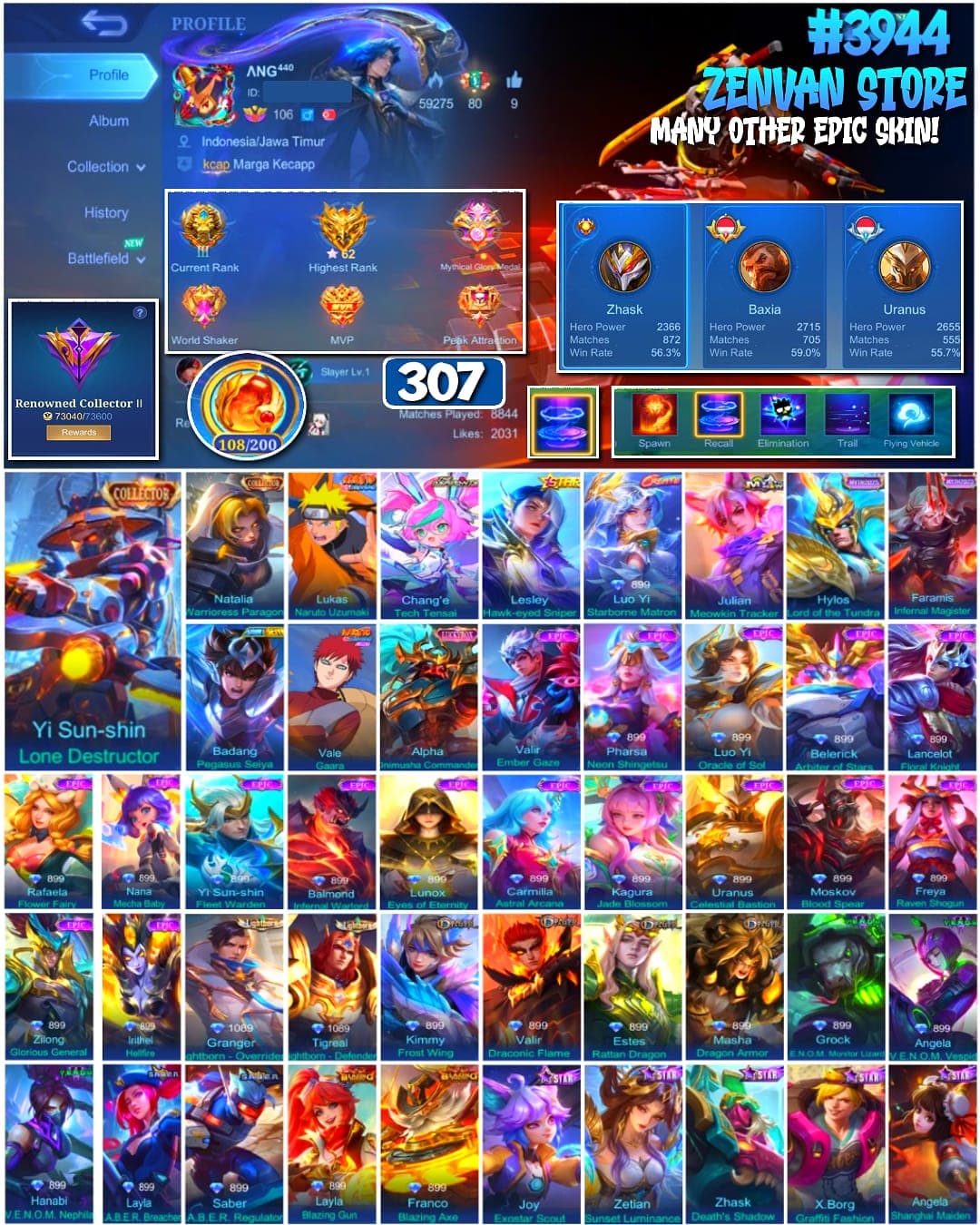 Foto akun ML #3944 🔥 307 Skins 🔥 Collector Yin Shun Shin & Natalia 🔥 Naruto 🔥 Aspirant Chang'e 🔥 Gara 🔥 Many Limited 🔥 Many Epic 🔥 Safe Account ✅ - gambar 1
