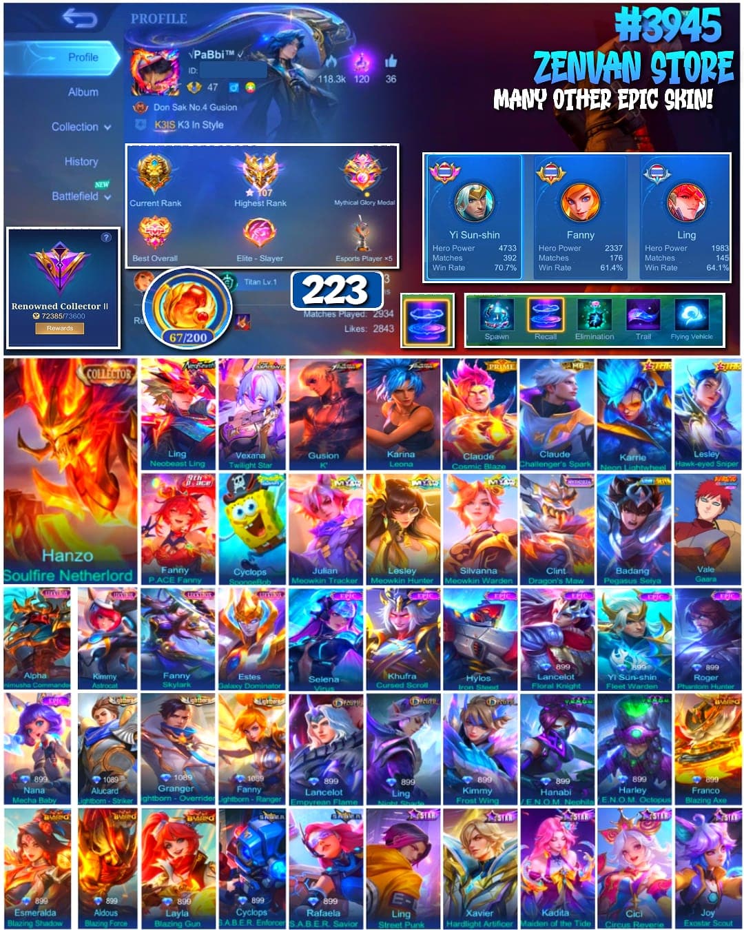 Foto akun ML #3945 🔥 223 Skins 🔥 Collector Hanzo 🔥 Neobeast Ling 🔥 Aspirant Vexana 🔥 KoF Gusion & Karina 🔥 Prime Claude 🔥 SpongeBob 🔥 Gara 🔥 Many Limited 🔥 Many Epic 🔥 Safe Account ✅ - gambar 1