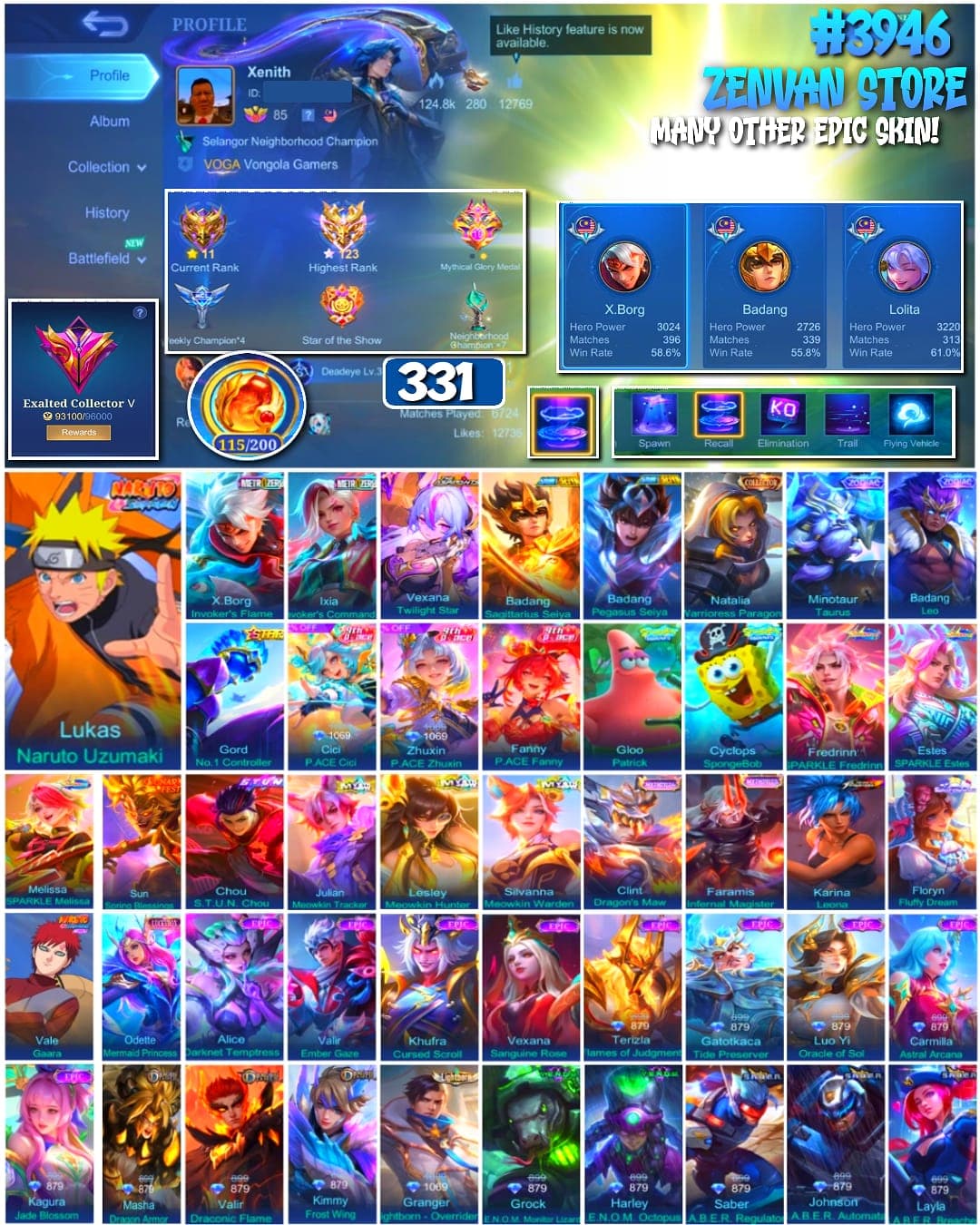 Foto akun ML #3946 🔥 331 Skins 🔥 Collector Natalia 🔥 Naruto 🔥 Zero X Borg & Ixia 🔥 Aspirant Vexana 🔥 Saint Seiya Badang 🔥 SpongeBob & Petrix 🔥 Stun Chou 🔥 KoF Karina 🔥 Many Limited 🔥 Many Zodiac 🔥 Many Epic 🔥 Safe Account ✅ - gambar 1