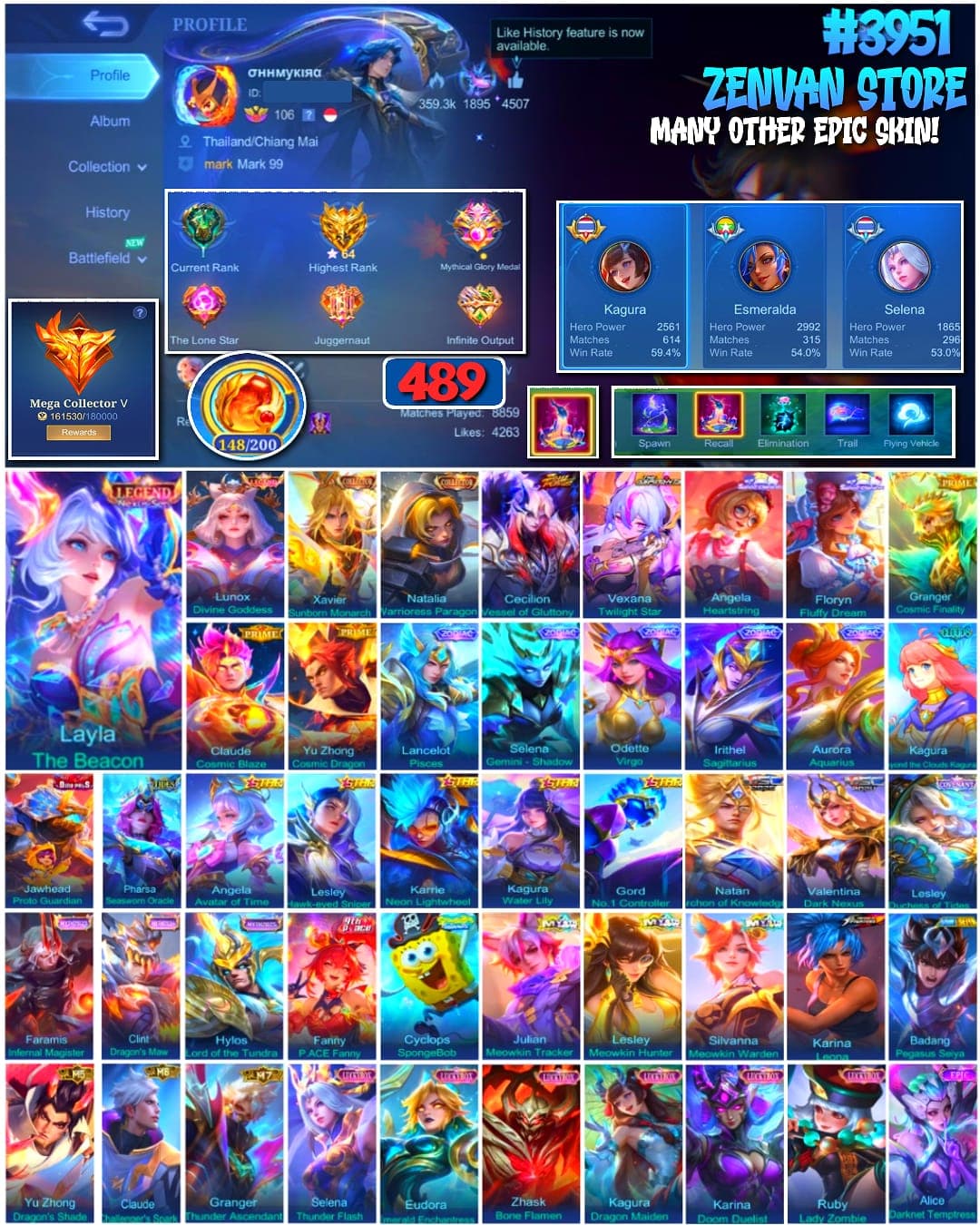 Foto akun ML #3951 🔥 489 Skins 🔥 Legend Layla & Lunox 🔥 Collector Xavier & Natalia 🔥 Soul Valls Cecilion 🔥 Aspirant Vexana 🔥 Sanrio Angela & Floryn 🔥 Prime Granger, Claude & Yu Zhong 🔥 SpongeBob 🔥 Many Limited 🔥 Many Zodiac 🔥 Many Epic 🔥 Safe Account ✅ - gambar 1