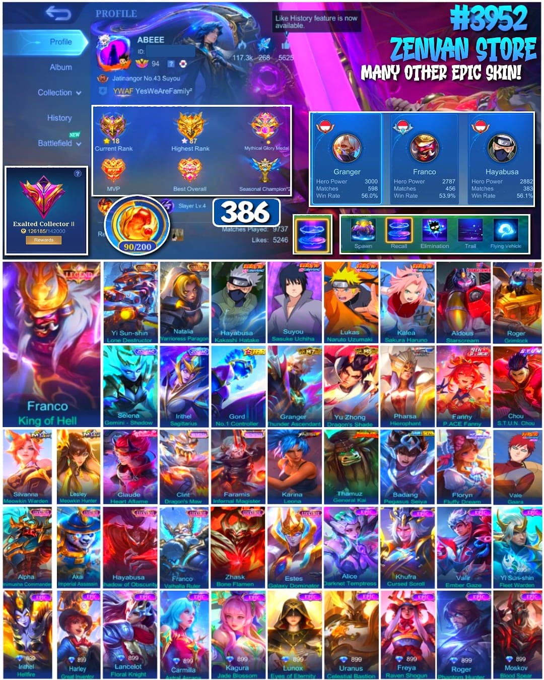Foto akun ML #3952 🔥 386 Skins 🔥 Legend Franco 🔥 Collector Yin Shun Shin & Natalia 🔥 Kakashi, Sasuke, Naruto & Sakura 🔥 Transformer Granger & Roger 🔥 Stun Chou 🔥 KoF Karina 🔥 Many Limited 🔥 Many Zodiac 🔥 Many Epic 🔥 Safe Account ✅ - gambar 1
