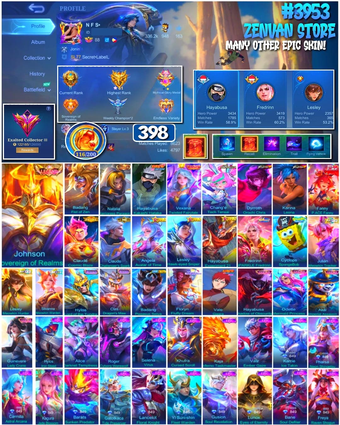 #3953 🔥 398 Skins 🔥 Legend Jhonson 🔥 Collector Badang & Natalia 🔥 Kakashi 🔥 Zenith Vexana 🔥 Aspirant Chang'e 🔥 KoF Dyroth & Karina 🔥 Prime Claude 🔥 SpongeBob 🔥 Many Limited 🔥 Many Epic 🔥 Safe Account ✅