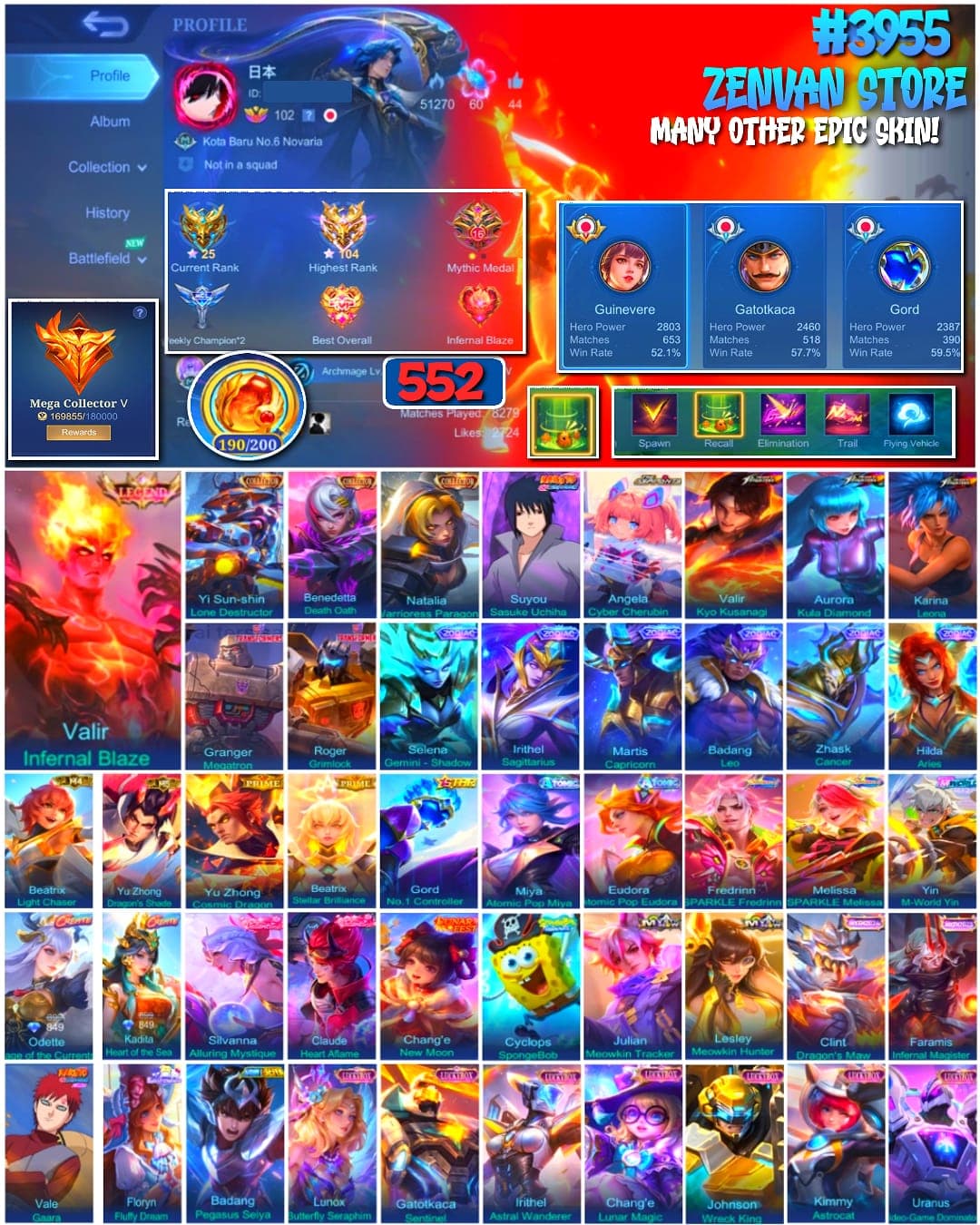#3955 🔥 552 Skins 🔥 Legend Valir 🔥 Collector Yin Shun Shin, Benedetta & Natalia 🔥 Sasuke 🔥 Aspirant Angela 🔥 KoF Valir, Aurora & Karina 🔥 Transformer Granger & Roger 🔥 SpongeBob 🔥 Prime Yu Zhong & Beatrix 🔥 Many Limited 🔥 Many Zodiac 🔥 Many Epic 🔥 Safe Account ✅