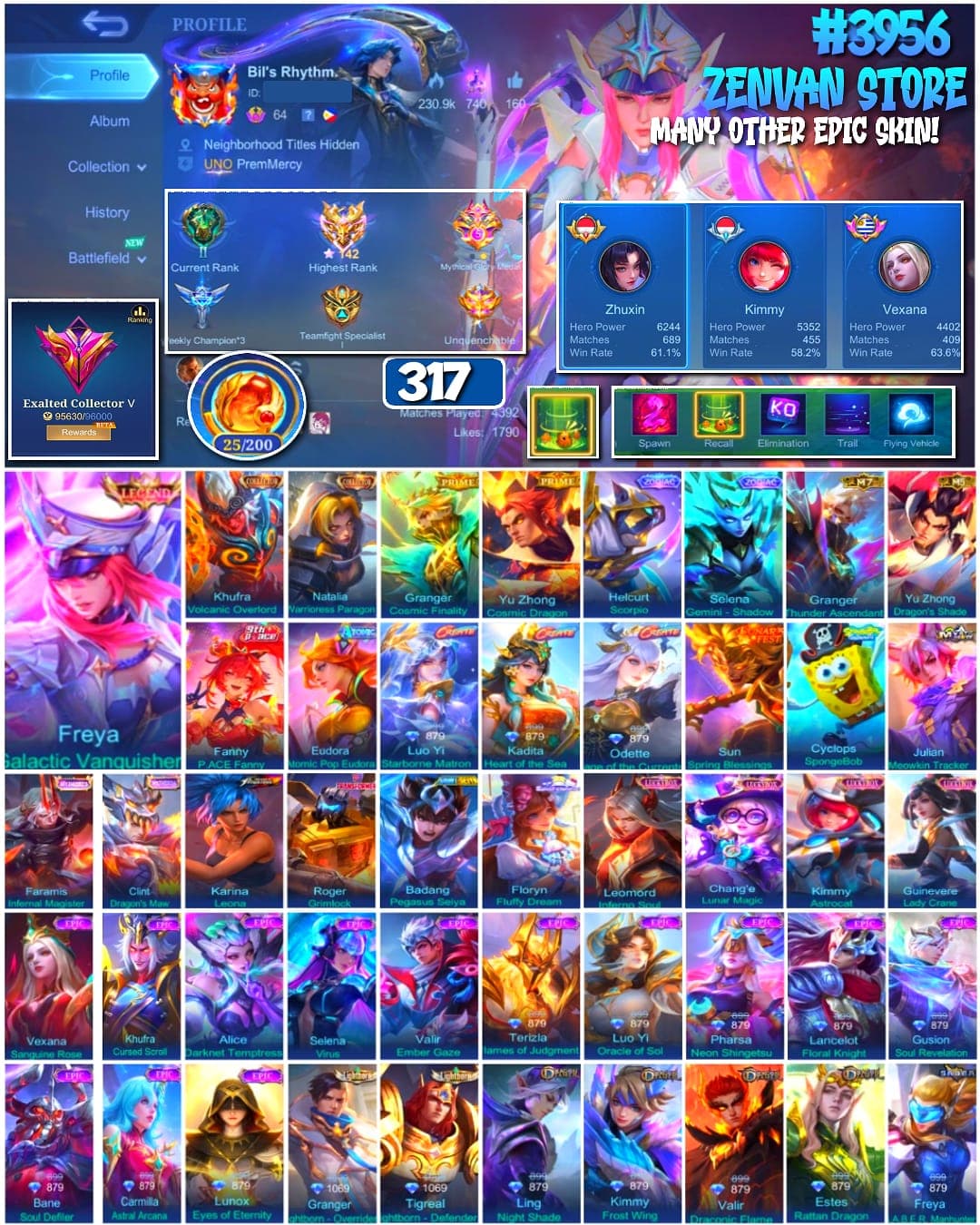 #3956 🔥 317 Skins 🔥 Legend Freya 🔥 Collector Kufra & Natalia 🔥 Prime Granger & Yu Zhong 🔥 SpongeBob 🔥 KoF Karina 🔥 Transformer Roger 🔥 Many Limited 🔥 Many Zodiac 🔥 Many Epic 🔥 Safe Account ✅