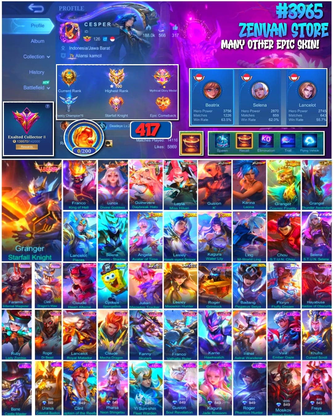 Foto akun ML #3965 🔥 417 Skins 🔥 Legend Granger, Franco & Lunox 🔥 Aspirant Guinevere & Layla 🔥 KoF Gusion & Karina 🔥 Prime Granger 🔥 Stun Selena & Chou 🔥 Transformer Roger 🔥 SpongeBob 🔥 Many Limited 🔥 Many Zodiac 🔥 Many Epic 🔥 Safe Account ✅ - gambar 1