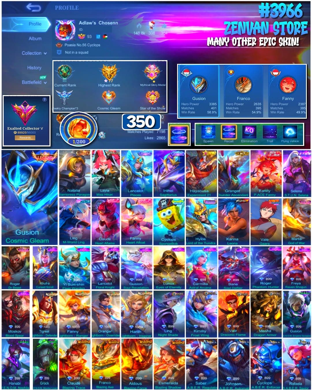 Foto akun ML #3966 🔥 350 Skins 🔥 Legend Gusion 🔥 Collector Natalia 🔥 Aspirant Layla 🔥 SpongeBob 🔥 KoF Karina 🔥 Stun Selena 🔥 M World Ling 🔥 Many Limited 🔥 Many Zodiac 🔥 Many Epic 🔥 Safe Account ✅ - gambar 1