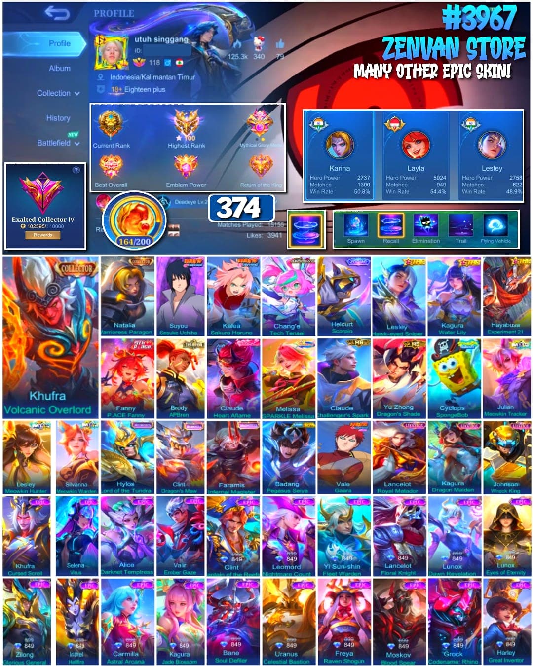 Foto akun ML #3967 🔥 374 Skins 🔥 Collector Kufra & Natalia 🔥 Sasuke & Sakura 🔥 Aspirant Chang'e 🔥 SpongeBob 🔥 Many Limited 🔥 Many Zodiac 🔥 Many Epic 🔥 Safe Account ✅ - gambar 1
