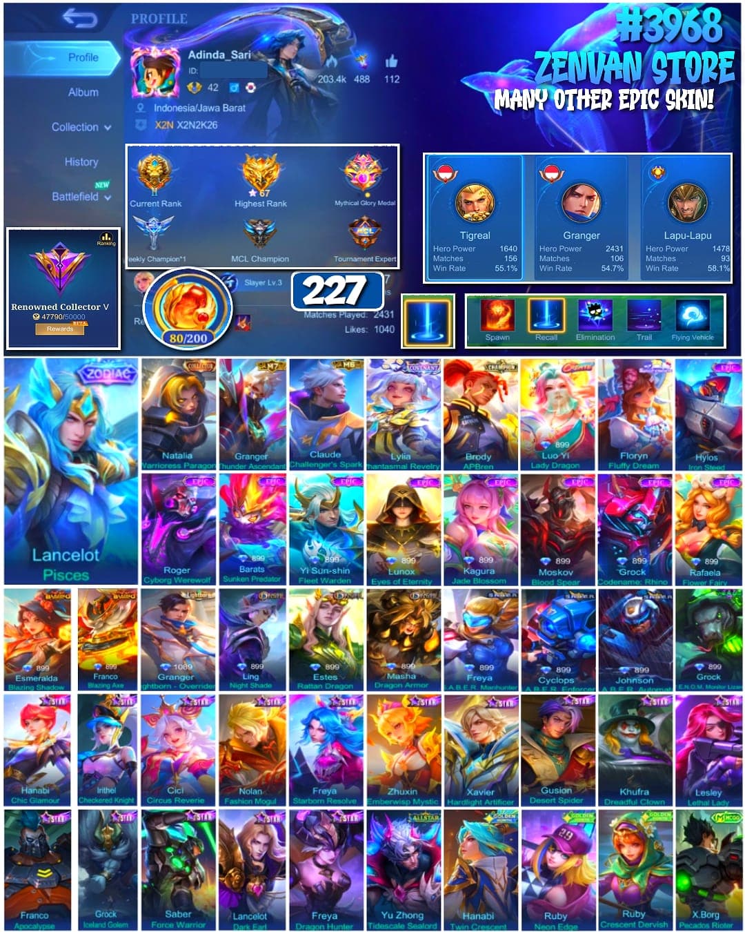 Foto akun ML #3968 🔥 227 Skins 🔥 Collector Natalia 🔥 Sanrio Floryn 🔥 Many Limited 🔥 Many Zodiac 🔥 Many Epic 🔥 Safe Account ✅ - gambar 1