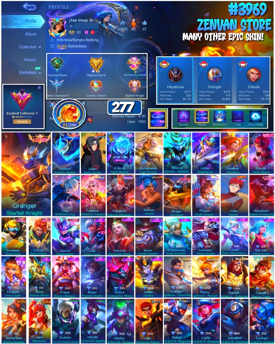 #3969 🔥 277 Skins 🔥 Legend Granger & Gusion 🔥 Itachi 🔥 11.11 X Borg 🔥 KoF Karina 🔥 Transformer Roger 🔥 Many Limited 🔥 Many Zodiac 🔥 Many Epic 🔥 Safe Account ✅