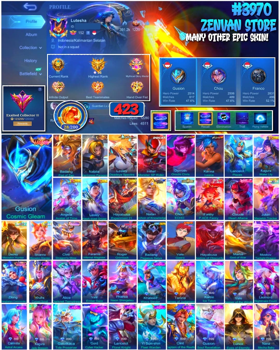 #3970 🔥 423 Skins 🔥 Legend Gusion 🔥 Collector Badang & Natalia 🔥 Aspirant Lesley 🔥 Ducati Irithel 🔥 KoF Dyroth & Karina 🔥 Transformer Roger 🔥 Many Limited 🔥 Many Zodiac 🔥 Many Epic 🔥 Safe Account ✅