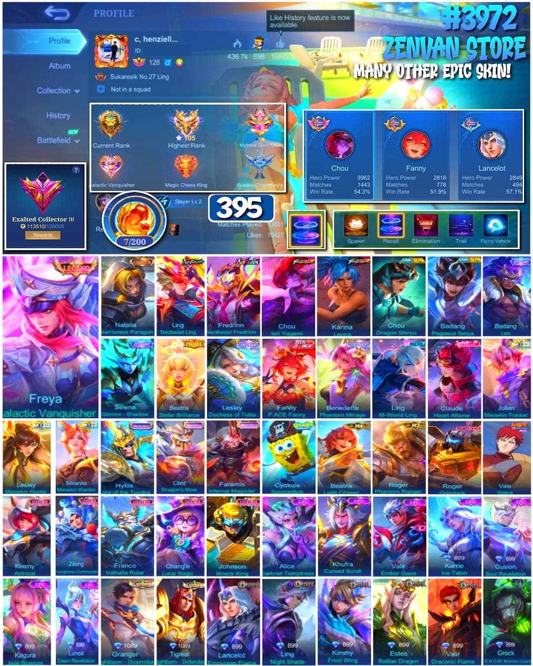 #3972 🔥 395 Skins 🔥 Legend Freya 🔥 Collector Natalia 🔥 Neobeast Ling & Fredrinn 🔥 KoF Chou & Karina 🔥 M World Ling 🔥 Prime Beatrix 🔥 SpongeBob 🔥 Transformer Roger 🔥 Many Limited 🔥 Many Zodiac 🔥 Many Epic 🔥 Safe Account ✅