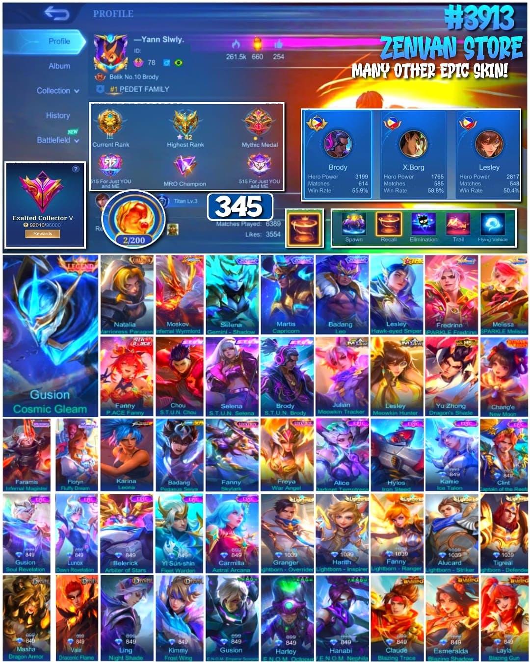 Foto akun ML #3913 🔥 345 Skins 🔥 Legend Gusion 🔥 Collector Natalia 🔥 Internal Moskov 🔥 Full Stun 🔥 KoF Karina 🔥 Many Limited 🔥 Many Zodiac 🔥 Many Epic 🔥 Safe Account ✅ - gambar 1