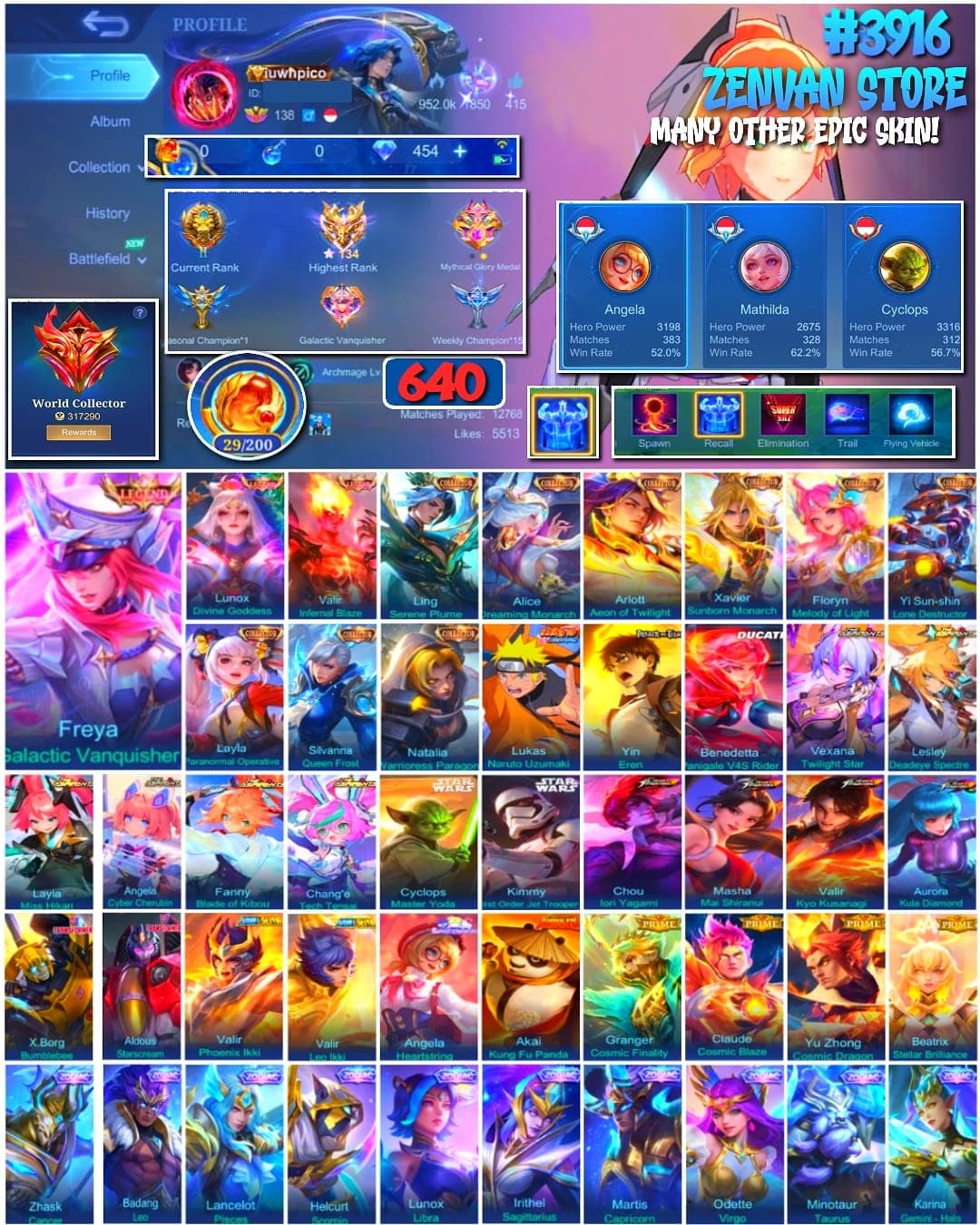 #3916 🔥 640 Skins 🔥 Legend Freya, Lunox & Valir 🔥 Collector Ling, Alice, Alloh, Xavier, Floryn, Yin Shun Shin, Layla, Silvana & Natalia 🔥 Naruto 🔥 Attack on Titan Eren 🔥 Ducati Benedetta 🔥 Aspirant Vexana, Lesley, Layla, Angela, Fanny & Chang'e 🔥 Starwars Cyclops & Kimmy 🔥 KoF Chou, Masha, Valir & Aurora 🔥 Transformer X Borg & Aldous 🔥 Saint Seiya Valir & Badang 🔥 Full Prime 🔥 Many Limited 🔥 Many Zodiac 🔥 Many Epic 🔥 Safe Account ✅