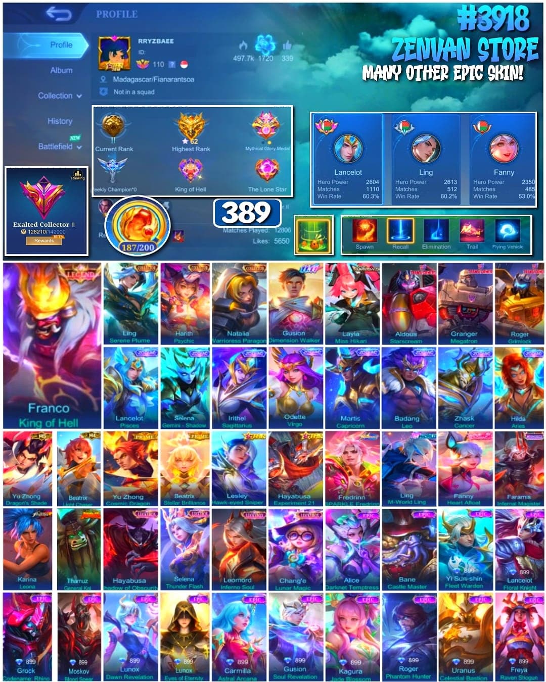 #3918 🔥 389 Skins 🔥 Legend Franco 🔥 Collector Ling & Natalia 🔥 11.11 Gusion 🔥 Transformer Aldous, Granger & Roger 🔥 Prime Yu Zhong & Beatrix 🔥 KoF Karina 🔥 Many Limited 🔥 Many Zodiac 🔥 Many Epic 🔥 Safe Account ✅