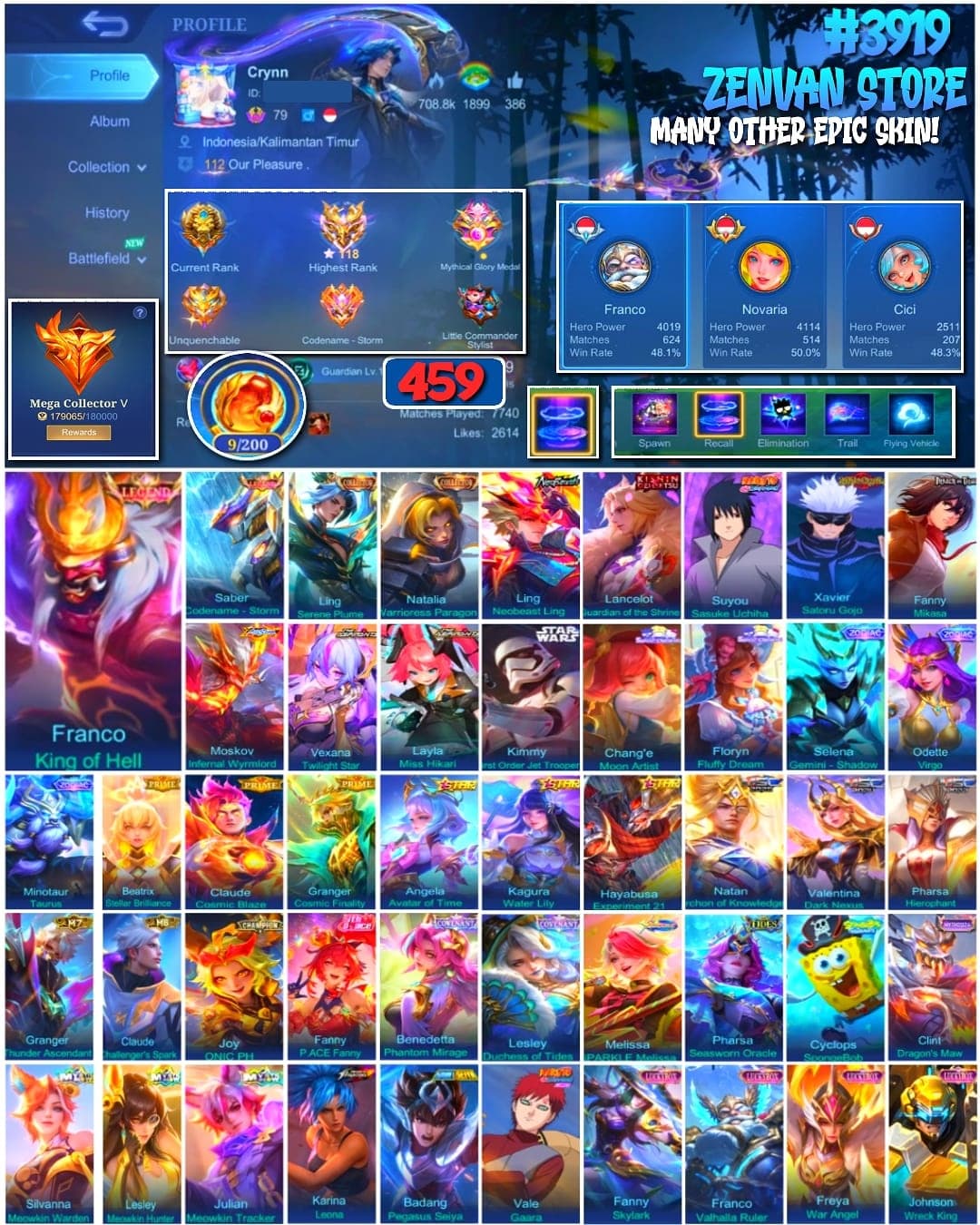 Foto akun ML #3919 🔥 459 Skins 🔥 Legend Franco & Saber 🔥 Collector Ling & Natalia 🔥 Neobeast Ling 🔥 Kinsin Lance 🔥 Sasuke 🔥 Jujutsu Kaisen Gojo 🔥 Attack on Titan Mikasa 🔥 Internal Moskov 🔥 Aspirant Vexana & Layla 🔥 Starwars Kimmy 🔥 Sanrio Chang'e & Floryn 🔥 Prime Claude, Beatrix & Granger 🔥 SpongeBob 🔥 KoF Karina 🔥 Many Limited 🔥 Many Zodiac 🔥 Many Epic 🔥 Safe Account ✅ - gambar 1