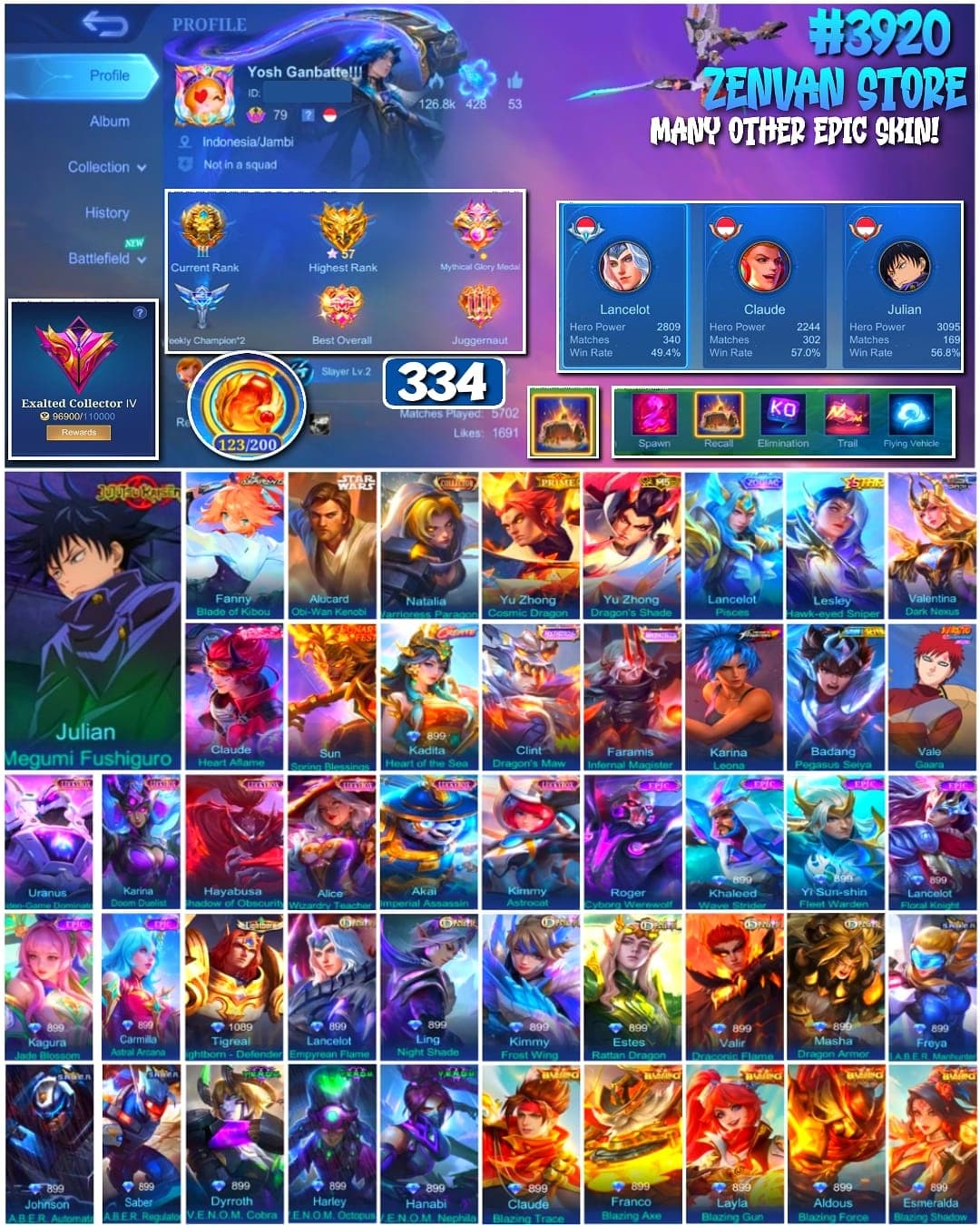 #3920 🔥 334 Skins 🔥 Collector Natalia 🔥 Aspirant Fanny 🔥 Jujutsu Kaisen Megumi 🔥 Starwars Alucard 🔥 Prime Yu Zhong 🔥 KoF Karina 🔥 Many Limited 🔥 Many Zodiac 🔥 Many Epic 🔥 Safe Account ✅