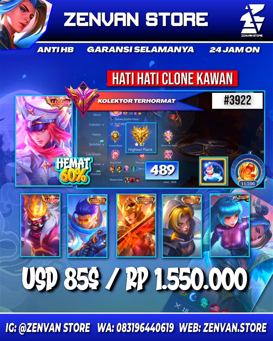 Foto akun ML #3922 🔥 489 Skins 🔥 Legend Freya & Franco 🔥 Collector Pharsa, Granger & Natalia 🔥 KoF Aurora & Karina 🔥 Prime Claude 🔥 Transformer Roger 🔥 Many Limited 🔥 Many Zodiac 🔥 Many Epic 🔥 Safe Account ✅ - gambar 1