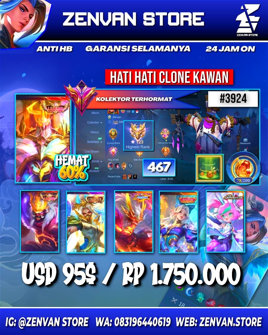 Foto akun ML #3924 🔥 467 Skins 🔥 Legend Franco & Jhonson 🔥 Collector Hanabi & Natalia 🔥 Zenith Selena 🔥 Internal Moskov 🔥 Aspirant Chang'e 🔥 KoF Karina 🔥 Transformer Roger 🔥 Many Limited 🔥 Many Zodiac 🔥 Many Epic 🔥 Safe Account ✅ - gambar 1