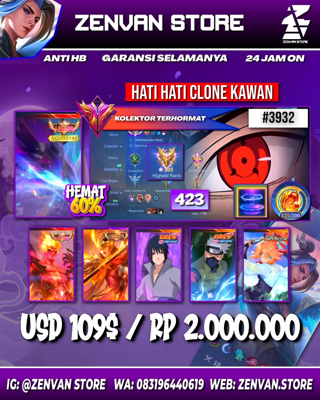 #3932 🔥 423 Skins 🔥 Legend Alpha 🔥 Collector Valir, Pharsa & Natalia 🔥 Sasuke 🔥 Kakashi 🔥 Vale Gaara 🔥 KoF Guinevere, Aurora & Karina 🔥 Saint Seiya Badang 🔥 Prime Yu Zhong 🔥 M-World Wanwan 🔥 Many Limited 🔥 Many Zodiac 🔥 Many Epic 🔥 Safe Account ✅