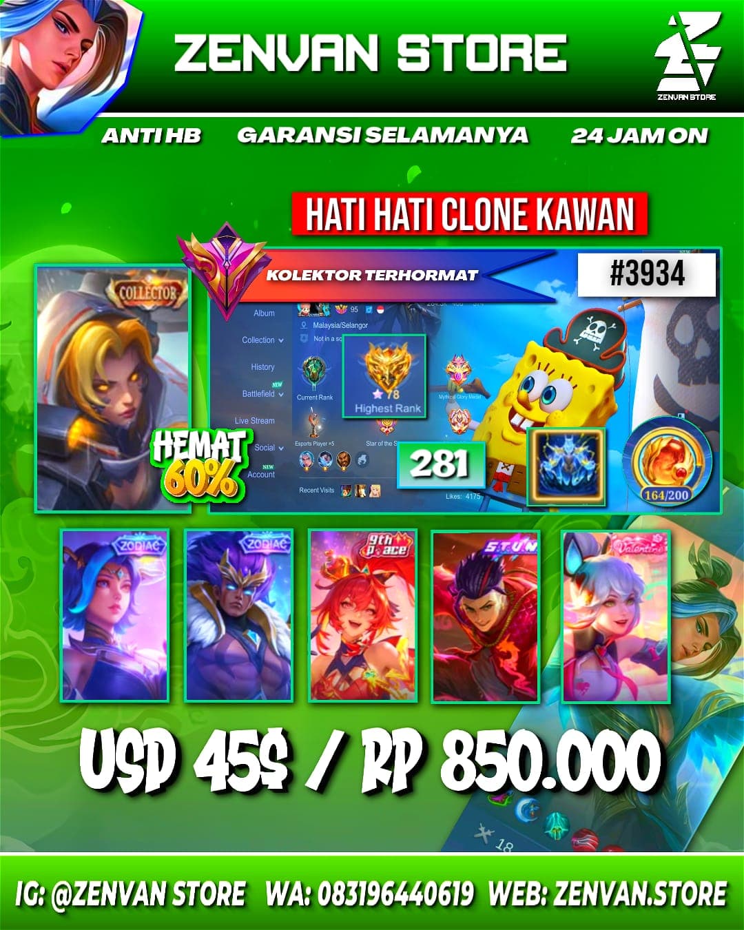 #3934 🔥 321 Skins 🔥 Collector Natalia 🔥 Vale Gaara 🔥 Saint Seiya Badang 🔥 Transformer Roger 🔥 SpongeBob 🔥 Many Limited 🔥 Many Zodiac 🔥 Many Epic 🔥 Safe Account ✅