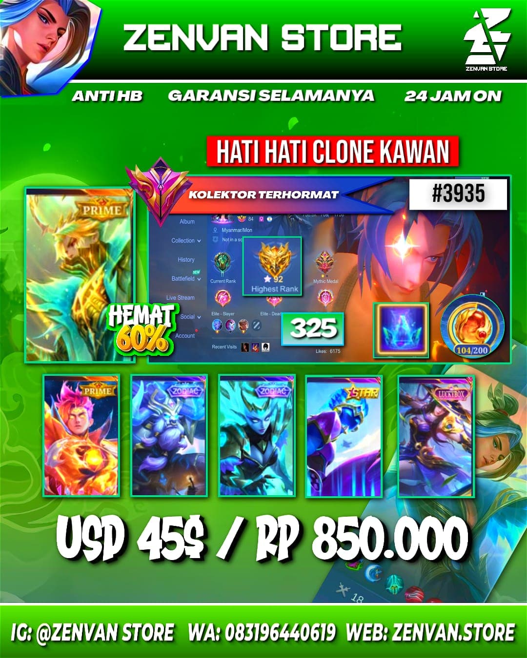 #3935 🔥 325 Skins 🔥 Collector Natalia 🔥 Vale Gaara 🔥 KoF Karina 🔥 Saint Seiya Badang 🔥 Prime Granger & Claude 🔥 Transformer Roger 🔥 Many Limited 🔥 Many Zodiac 🔥 Many Epic 🔥 Safe Account ✅