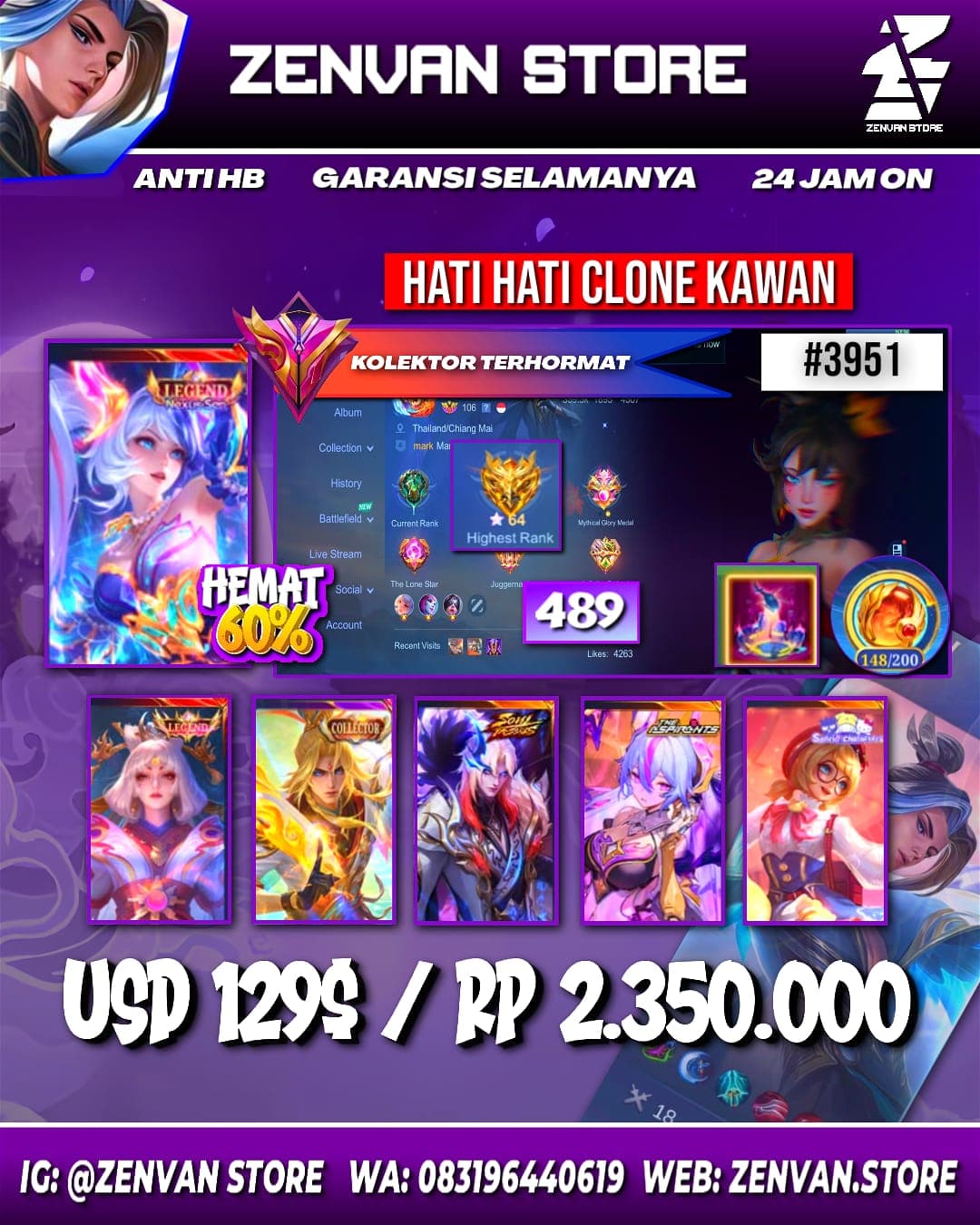 #3951 🔥 489 Skins 🔥 Legend Layla & Lunox 🔥 Collector Xavier & Natalia 🔥 Soul Valls Cecilion 🔥 Aspirant Vexana 🔥 Sanrio Angela & Floryn 🔥 Prime Granger, Claude & Yu Zhong 🔥 SpongeBob 🔥 Many Limited 🔥 Many Zodiac 🔥 Many Epic 🔥 Safe Account ✅