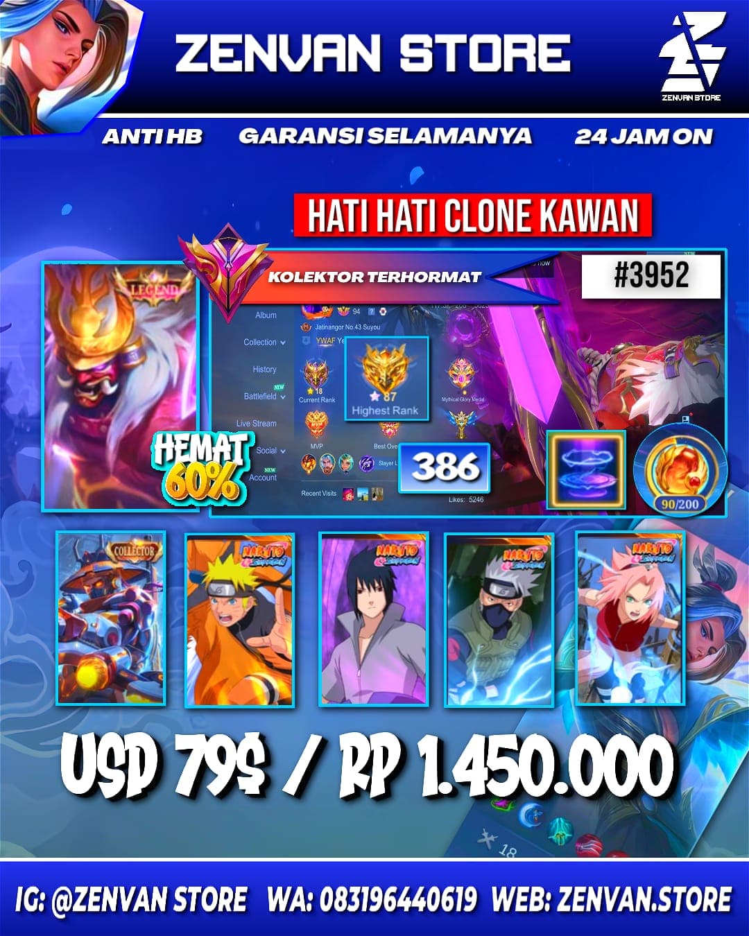 #3952 🔥 386 Skins 🔥 Legend Franco 🔥 Collector Yin Shun Shin & Natalia 🔥 Kakashi, Sasuke, Naruto & Sakura 🔥 Transformer Granger & Roger 🔥 Stun Chou 🔥 KoF Karina 🔥 Many Limited 🔥 Many Zodiac 🔥 Many Epic 🔥 Safe Account ✅