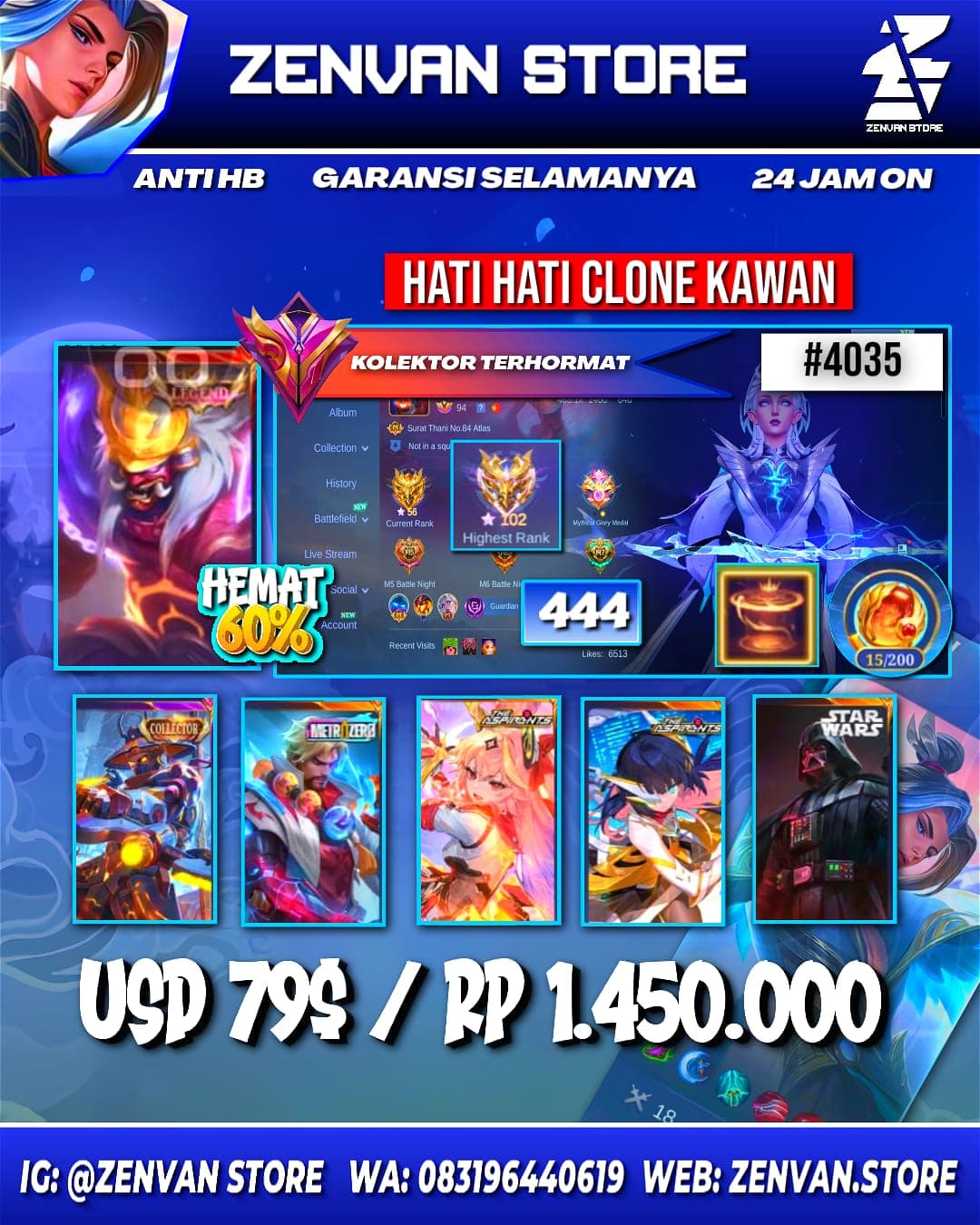 🔥 #4035 🔥 444 Skins 💎 Legend Franco King of Hell 👑 Exalted Collector II ⚔️ Star Wars Argus Darth Vader ⭐ 4 King of Fighters Skins K' + Orochi Chris + Athena + Leona 🌟 2 Collector Skins Yi Sun-shin Lone Destructor + Natalia 🎯 6 Zodiac Skins ✨ Saint Seiya Shiryu + Seiya 🔱 Prime Yu Zhong Cosmic Dragon 💎 Highest Rank 102 Stars ✅ Safe Account