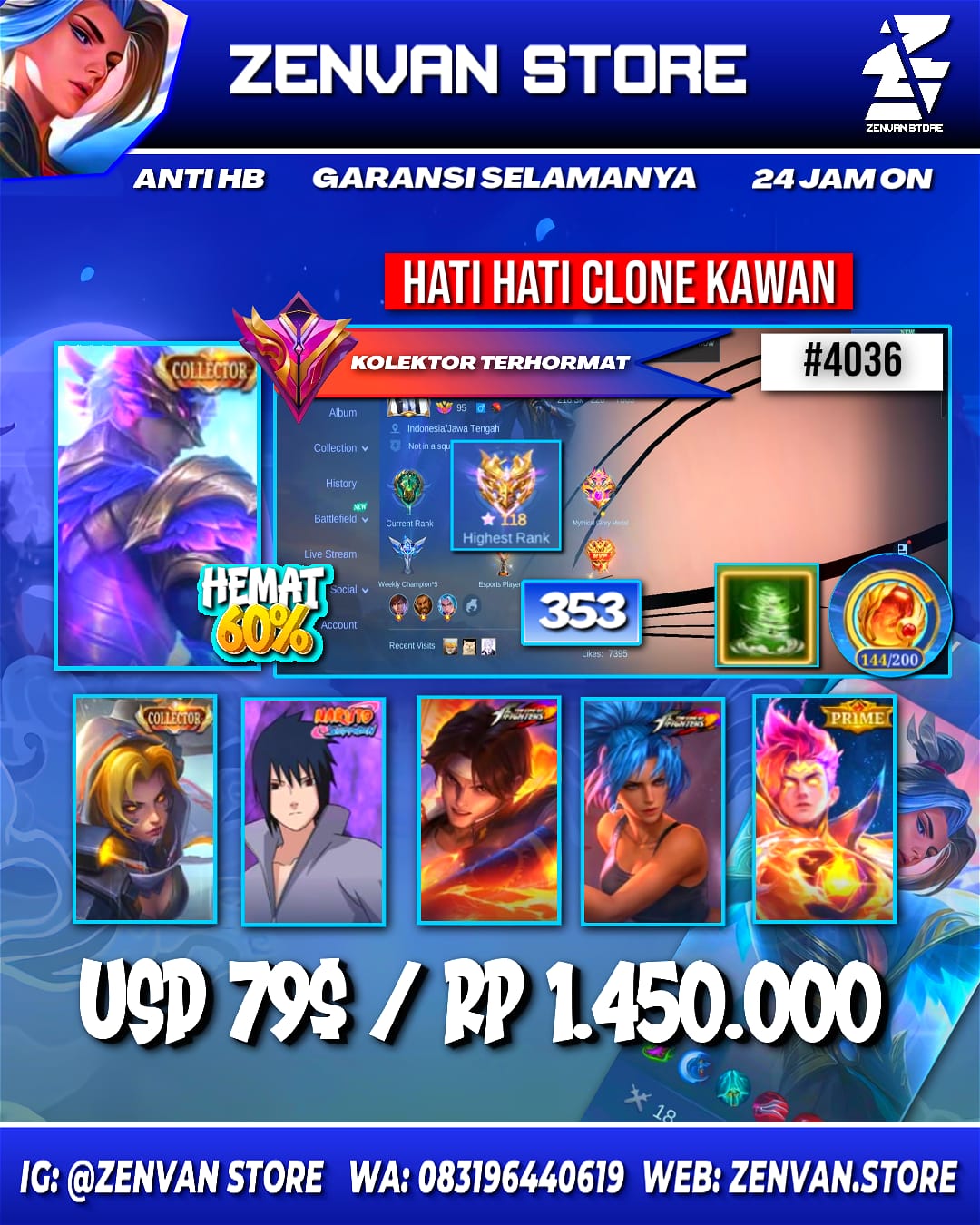 🔥 #4036 🔥 353 Skins 💎 2 Collector Skins Gusion Night Owl + Natalia 👑 Exalted Collector IV ⚔️ Naruto Sasuke Uchiha ⭐ 2 King of Fighters Skins Kyo + Leona 🌟 Prime Claude Cosmic Blaze 🎯 3 Zodiac Skins ✨ SpongeBob Cyclops 🔱 Transformers Roger Grimlock 💎 Highest Rank 118 Stars ✅ Safe Account