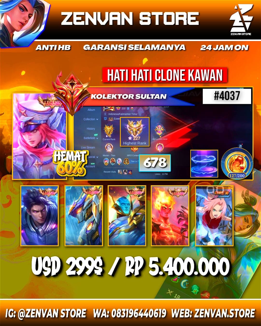 🔥 #4037 🔥 678 Skins 💎 WORLD COLLECTOR V 👑 3 Collector Skins Brody Ore-chemist + Silvanna Queen Frost + Natalia Warrioress Paragon ⚔️ 5 Legend Skins Freya Galactic Vanquisher + Alucard Obsidian Blade + Saber Codename Storm + Gord Conqueror + Valir Infernal Blaze ⭐ 6 King of Fighters Skins Iori + K + Kyo + Mai Shiranui + Athena + Leona 🌟 9 Zodiac Skins 🎯 Highest Rank 227 Stars ✅ Safe Account