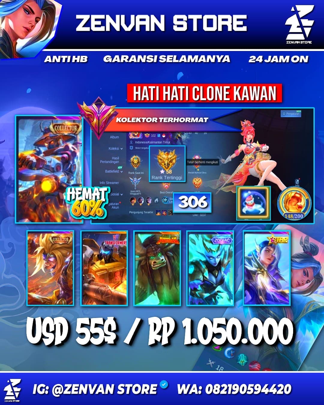 Foto akun ML #3625 🔥 306 Skins 🔥 3 Collectors 🔥 Yin Sun Shin, Badang & Natalia 🔥 Many Limited 🔥 Many Epic 🔥 Safe Account ✅ - gambar 1