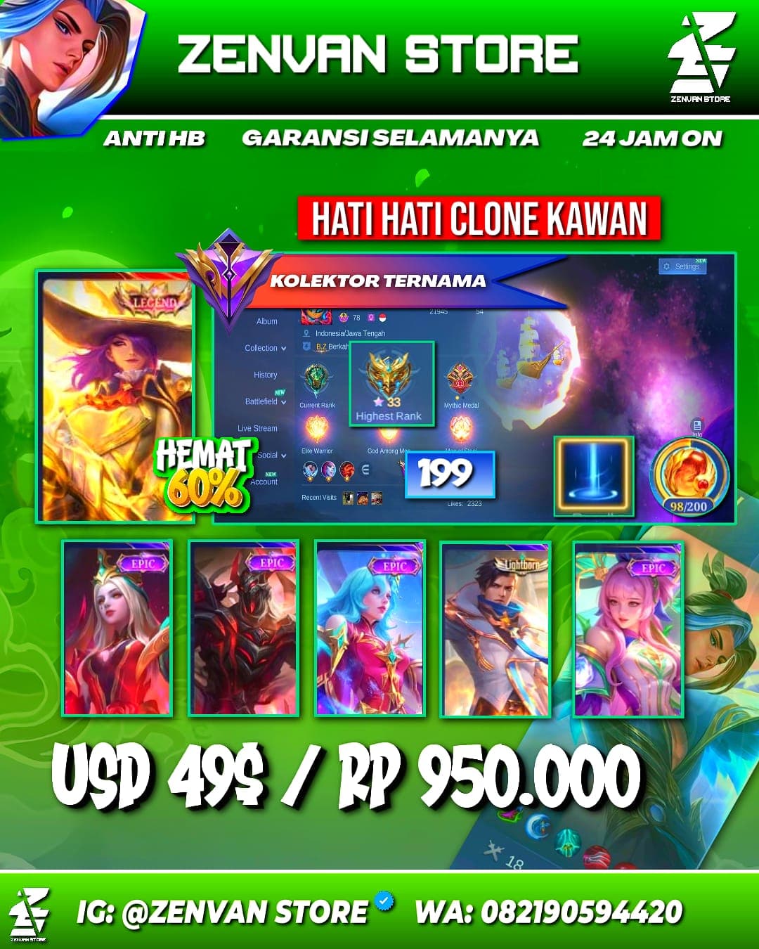 Foto akun ML #3638 🔥 199 Skins 🔥 Legend Lesley 🔥 Collector Natalia 🔥 KoF Karina 🔥 Many Epic 🔥 Safe Account ✅ - gambar 1