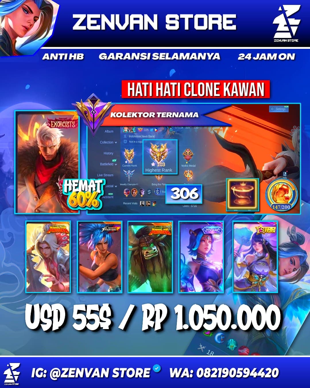 Foto akun ML #3627 🔥 260 Skins 🔥 Exorcist Yu Zhong 🔥 Kungfu Panda Ling & Thamuz 🔥 Transformers Roger 🔥 KoF Karina 🔥 Many Limited 🔥 Many Epic 🔥 Safe Account ✅ - gambar 1