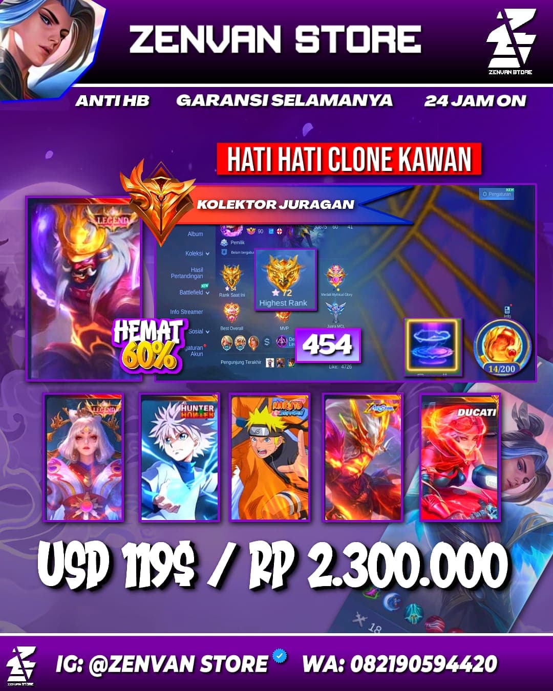 Foto akun ML #3628 🔥 454 Skins 🔥 Legend Lunox & Franco 🔥 Collector Jawhead & Natalia 🔥 Naruto 🔥 HxH Killua 🔥 Ducati Benedetta 🔥 Full Transformers 🔥 Prime Beatrix 🔥 KoF Chou, Guinevere, Aurora & Karina 🔥 - gambar 1