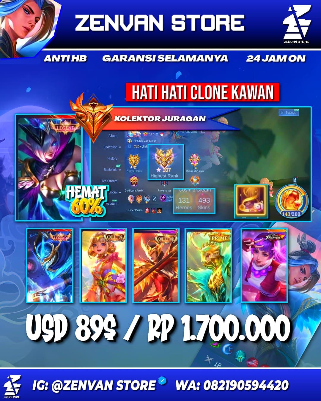 Foto akun ML #3629 🔥 493 Skins 🔥 Legend Gusion & Miya 🔥 3 Collectors 🔥 Transformers X Borg & Roger 🔥 Prime Beatrix 🔥 KoF Guinevere, Aurora & Karina 🔥 Stun Selena 🔥 Many Limited 🔥 Many Zodiacs 🔥 Many Epic - gambar 1