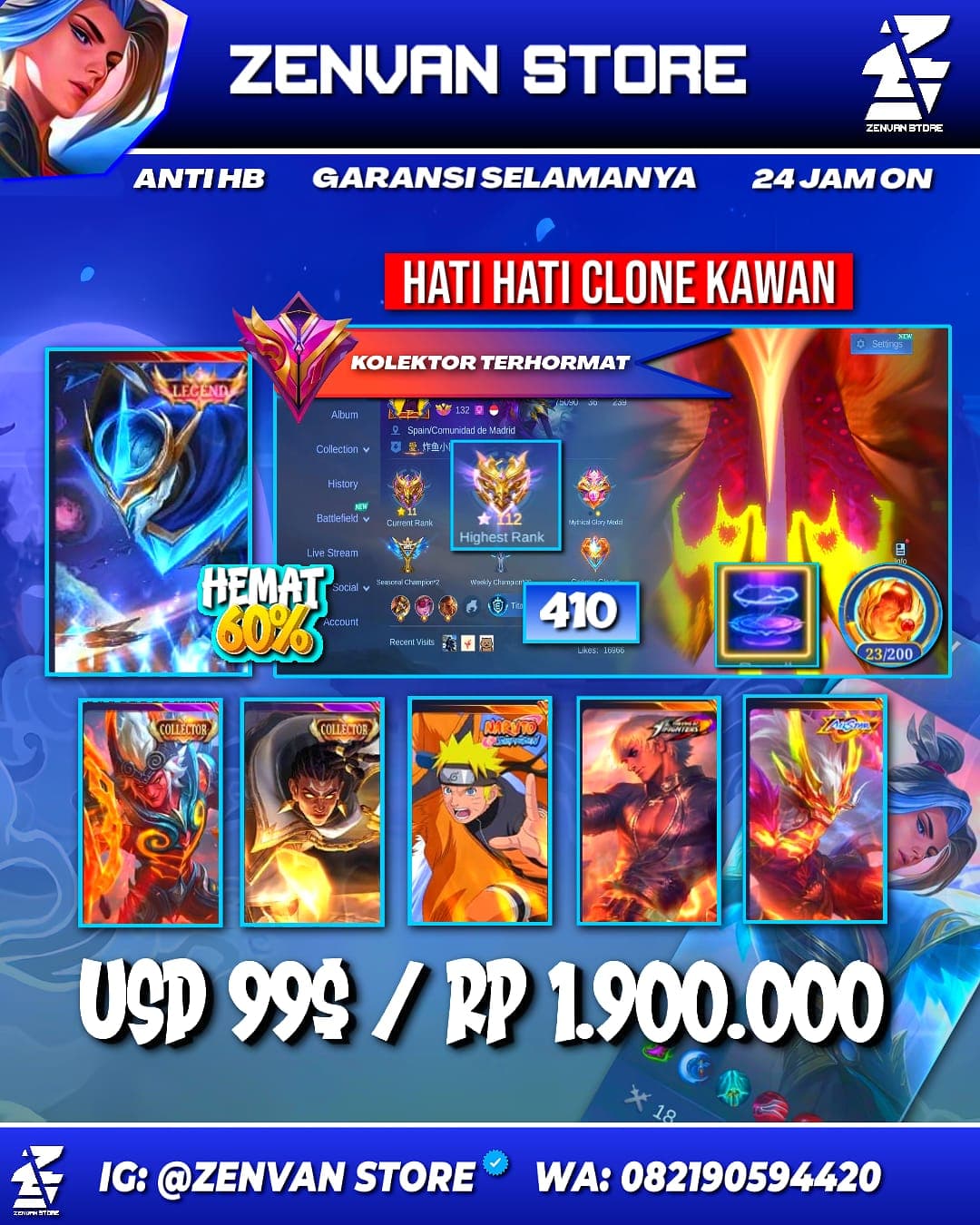 Foto akun ML #3631 🔥 410 Skins 🔥 Legend Gusion 🔥 3 Collectors 🔥 Naruto 🔥 Internal Moskov 🔥 KoF Gusion, Aurora & Karina 🔥 Stun Chou 🔥 Many Limited 🔥 Many Zodiacs 🔥 Many Epic 🔥 Safe Account ✅ - gambar 1