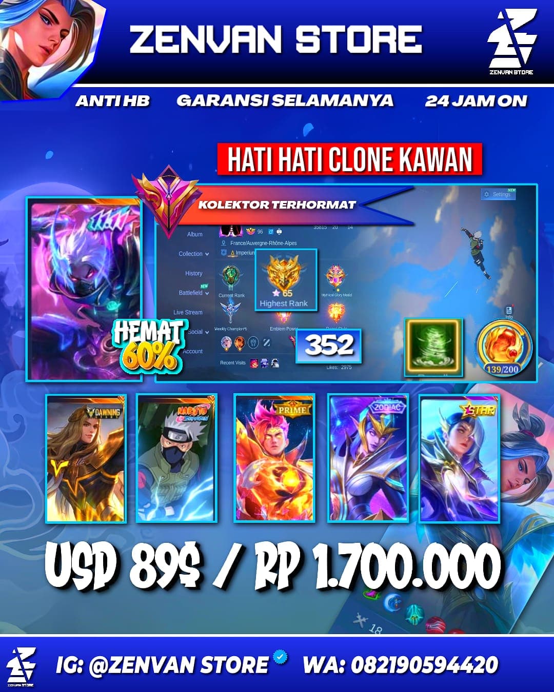 Foto akun ML #3633 🔥 352 Skins 🔥 Collector Natalia 🔥 Kakashi 🔥 11.11 Hayabusa 🔥 Prime Claude 🔥 Stun Brody 🔥 Transformers Roger 🔥 Many Limited 🔥 Many Epic 🔥 Safe Account ✅ - gambar 1