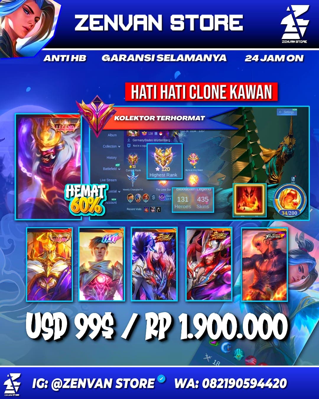 Foto akun ML #3634 🔥 435 Skins 🔥 Legend Johnson & Franco 🔥 Collector Natalia 🔥 Soul Vessels Clint & Cecilion 🔥 11.11 Gusion 🔥 Aspirant Angela 🔥 Prime Granger 🔥 KoF Gusion & Karina 🔥 Clouds Kagura 🔥 Stun - gambar 1