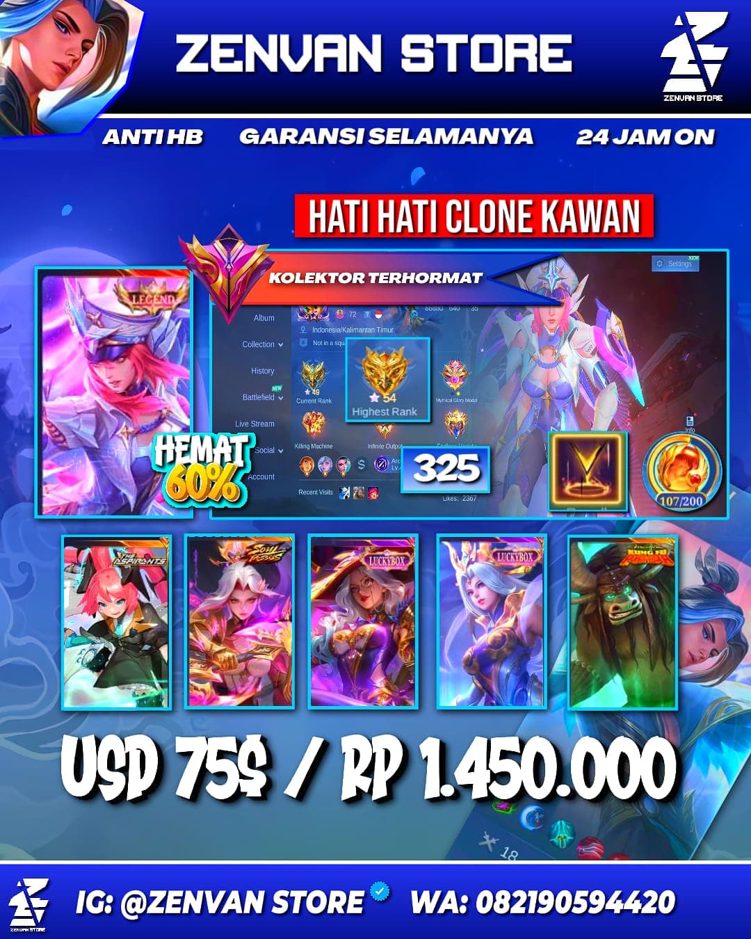 Foto akun ML #3636 🔥 325 Skins 🔥 Legend Freya 🔥 Collector Natalia 🔥 Soul Vessels Hanabi 🔥 Aspirant Layla 🔥 Prime Yu Zhong 🔥 Stun Chou 🔥 SpongeBob 🔥 KoF Karina 🔥 Many Limited 🔥 Many Zodiacs 🔥 Many Epic - gambar 1