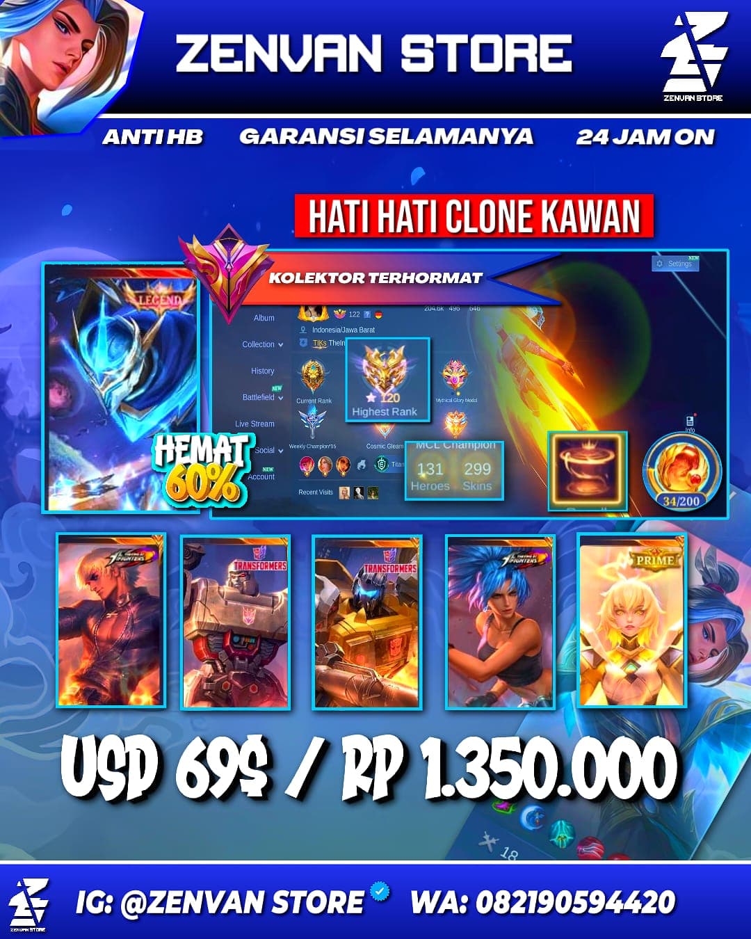 Foto akun ML #3640 🔥 299 Skins 🔥 Legend Gusion 🔥 Collector Valir 🔥 Prime Beatrix 🔥 Transformers Granger & Roger 🔥 KoF Gusion & Karina 🔥 Many Limited 🔥 Many Zodiacs 🔥 Many Epic 🔥 Safe Account ✅ - gambar 1