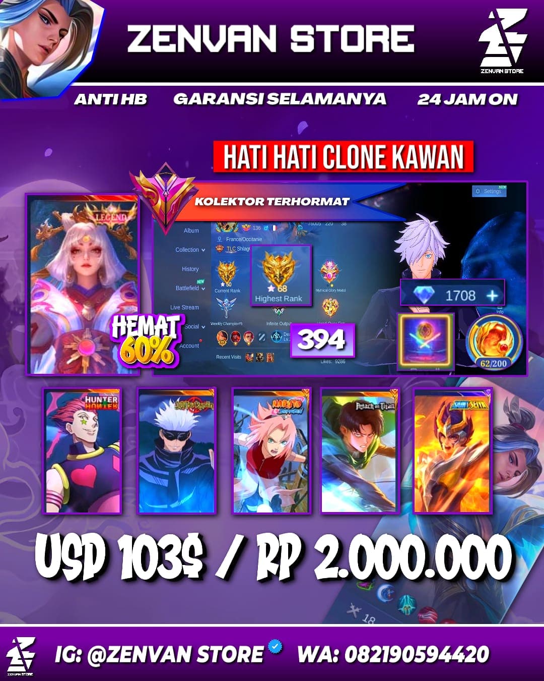 #3642 🔥 394 Skins 🔥 Legend Lunox 🔥 Collector Valir & Natalia 🔥 Sakura 🔥 Jujutsu Kaisen Gojo 🔥 AoT Levi 🔥 HxH Hisoka 🔥 StarWars Cyclops 🔥 KoF Karina & Aurora 🔥 SpongeBob 🔥 Many Limited 🔥 Ma