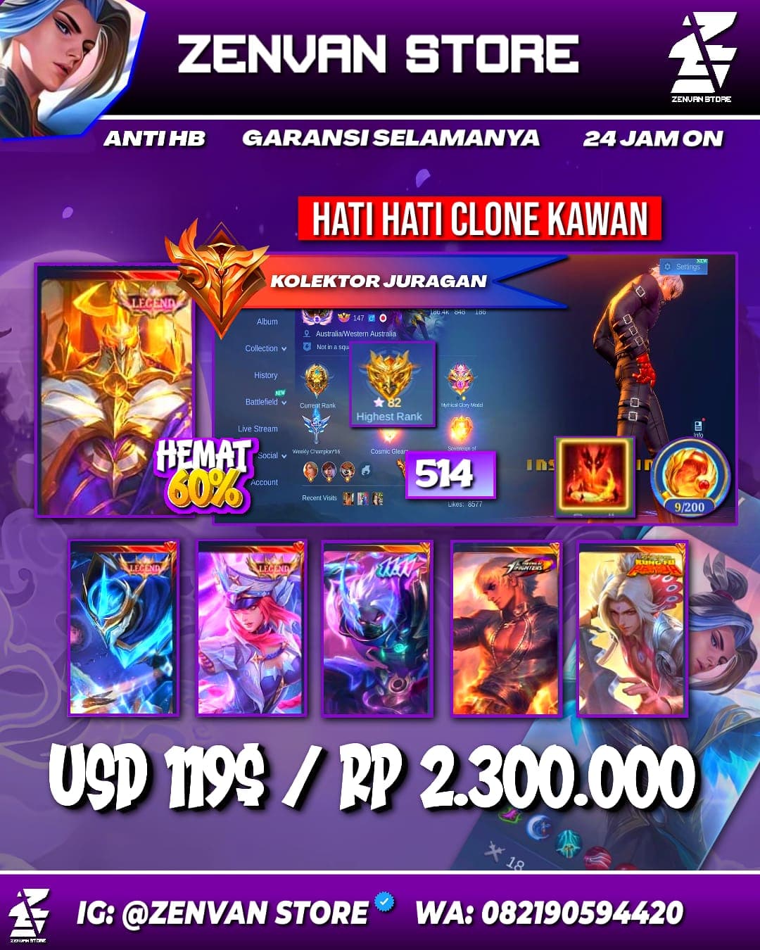 Foto akun ML #3643 🔥 514 Skins 🔥 3 Legends 🔥 11.11 Hayabusa 🔥 Kungfu Panda Ling & Thamuz 🔥 Prime Beatrix 🔥 Stun Chou & Selena 🔥 M-World Yin & Wanwan 🔥 KoF Aurora, Gusion & Karina 🔥 SpongeBob 🔥 Many Limit - gambar 1