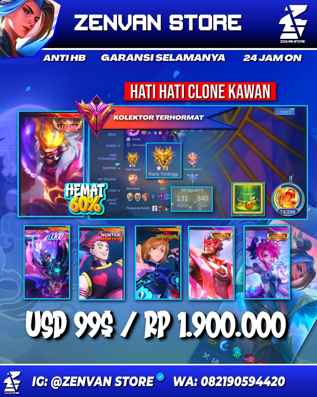 Foto akun ML #3644 🔥 340 Skins 🔥 Legend Franco 🔥 5 Collectors 🔥 Jujutsu Kaisen Nobara 🔥 HxH Hisoka 🔥 11.11 Hayabusa 🔥 Prime Claude 🔥 SpongeBob 🔥 KoF Karina 🔥 Many Limited 🔥 Many Zodiacs 🔥 Many Epic 🔥 - gambar 1
