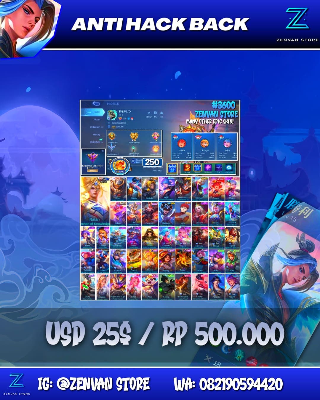 Foto akun ML #3600 🔥 250 Skins 🔥 Collector Natalia 🔥 MSC Natan 🔥 Many Limited 🔥 Many Epic 🔥 Safe Account ✅ - gambar 1