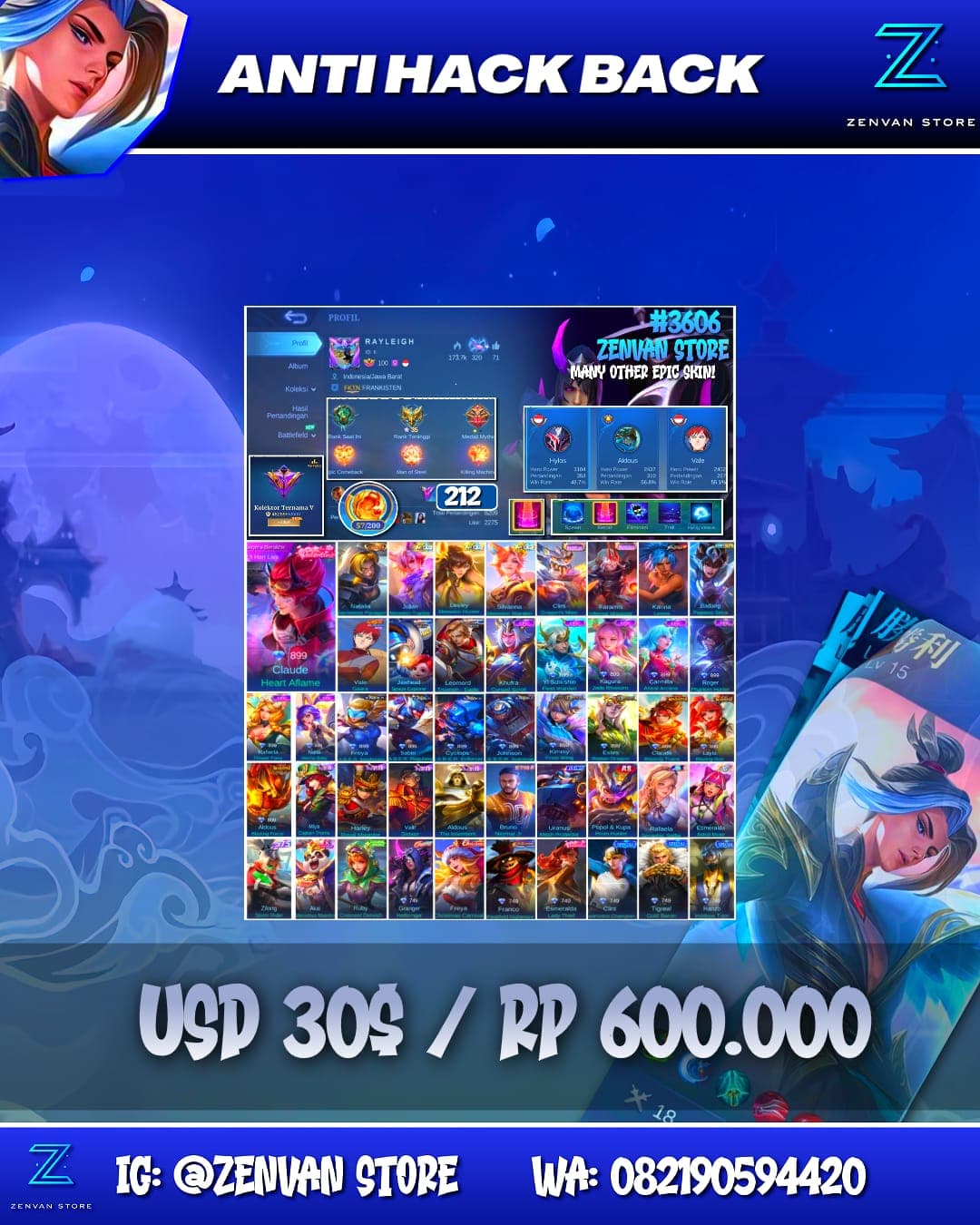 Foto akun ML #3606 🔥 212 Skins 🔥 Collector Natalia 🔥 KoF Karina 🔥 Many Epic 🔥 Safe Account ✅ - gambar 1