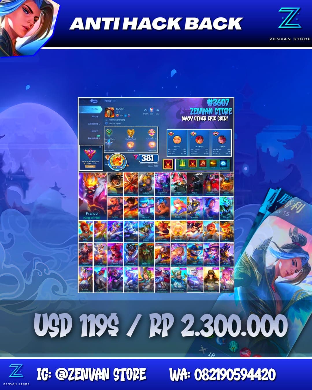 Foto akun ML #3607 🔥 381 Skins 🔥 Legend Franco 🔥 3 Collectors 🔥 11.11 Hayabusa 🔥 StarWars Argus 🔥 Aspirant Layla 🔥 Prime Beatrix & Yu Zhong 🔥 Transformers Aldous & Roger 🔥 KoF Gusion, Valir, Aurora & Kari - gambar 1