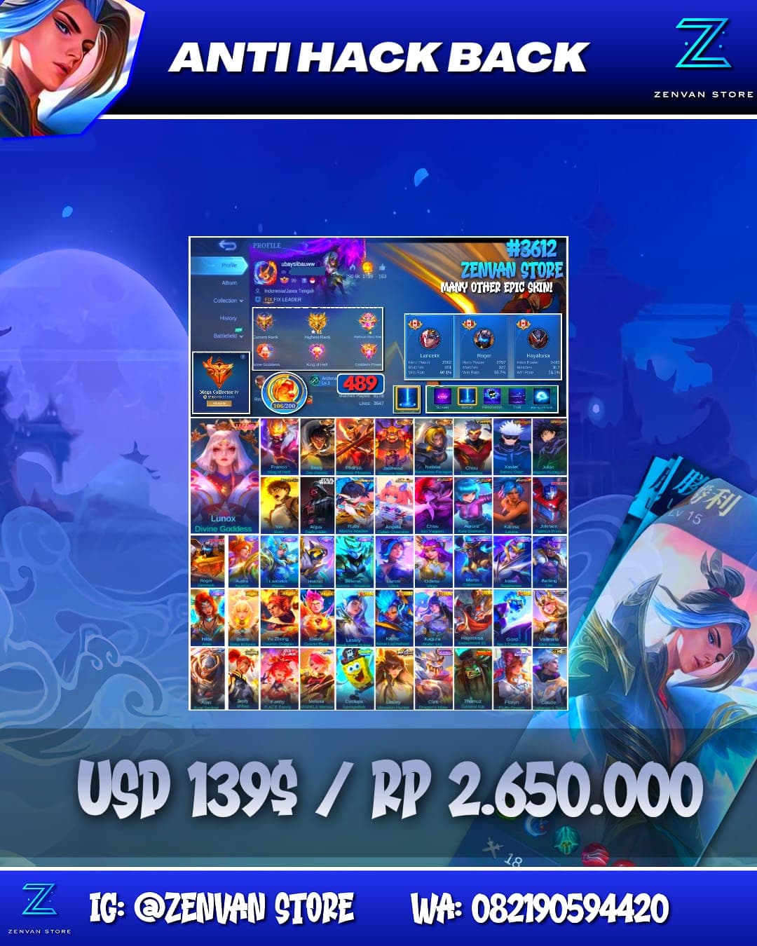 Foto akun ML #3612 🔥 489 Skins 🔥 Legend Lunox & Franco 🔥 4 Collectors 🔥 Jujutsu Kaisen Gojo & Megumi 🔥 AoT Eren 🔥 StarWars Argus 🔥 Prime Claude, Beatrix & Yu Zhong 🔥 KoF Chou, Aurora & Karina 🔥 Transforme - gambar 1