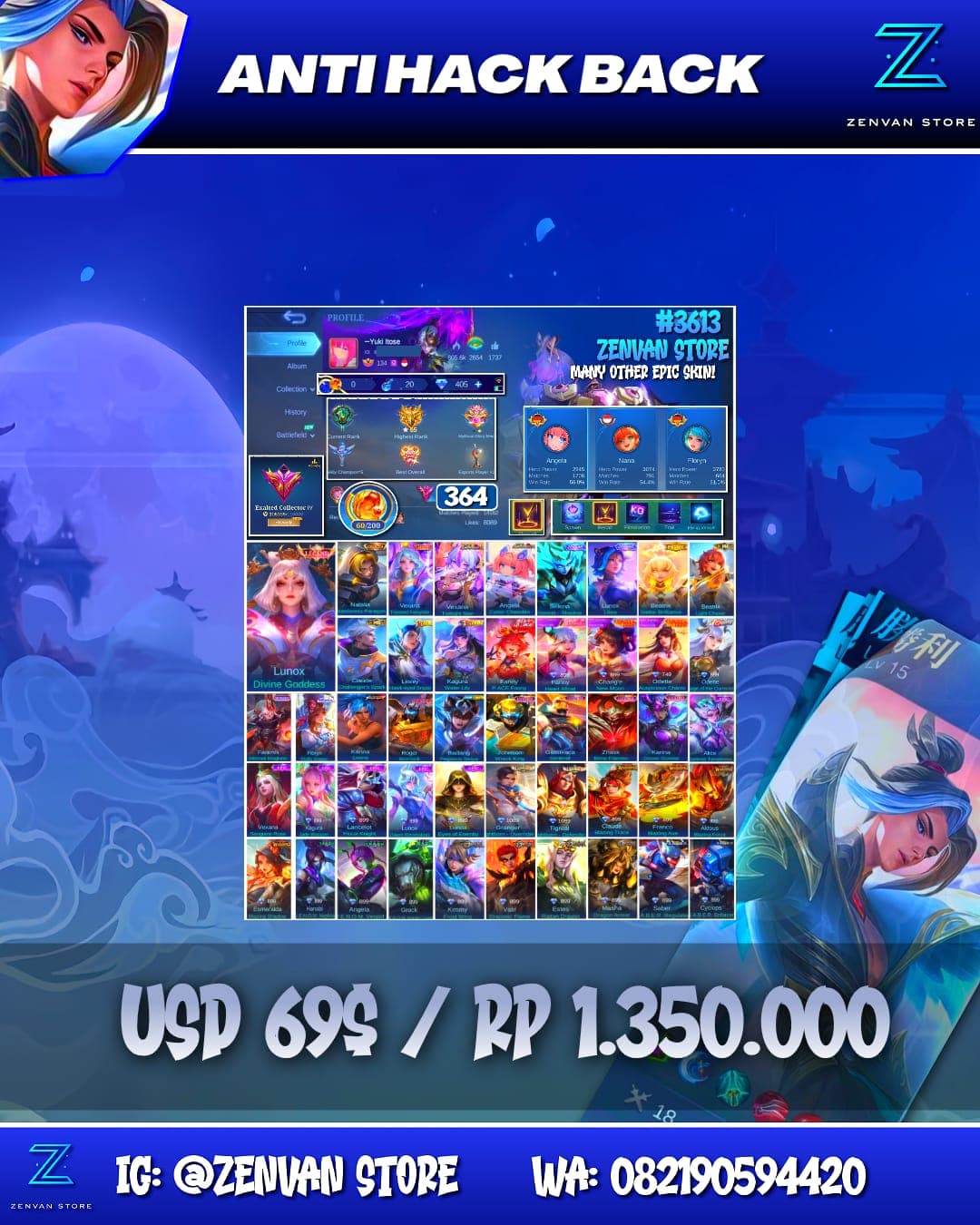 #3613 🔥 364 Skins 🔥 Legend Lunox 🔥 Collector Natalia 🔥 Zenith Vexana 🔥 Aspirant Vexana & Angela 🔥 Prime Beatrix 🔥 KoF Karina 🔥 Many Limited 🔥 Many Epic 🔥 Safe Account ✅