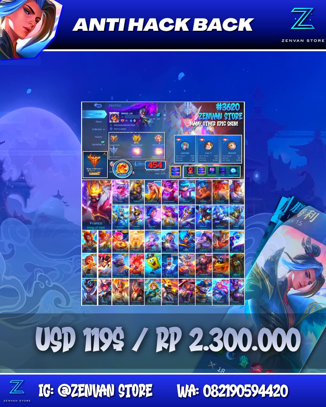 Foto akun ML #3620 🔥 454 Skins 🔥 Legend Franco & Freya 🔥 Collector Natalia 🔥 Ducati Leomord 🔥 Sanrio 🔥 Prime Claude & Beatrix 🔥 KoF Guinevere, Aurora & Karina 🔥 SpongeBob 🔥 Many Limited 🔥 Many Zodiacs 🔥 - gambar 1