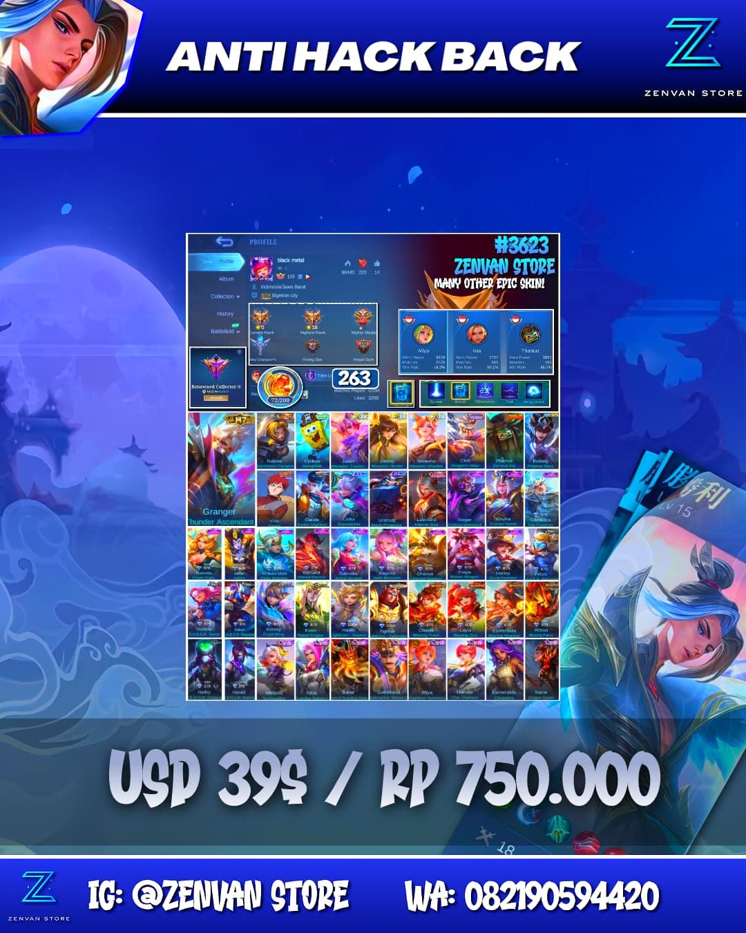 Foto akun ML #3623 🔥 263 Skins 🔥 Collector Natalia 🔥 SpongeBob 🔥 Many Limited 🔥 Many Epic 🔥 Safe Account ✅ - gambar 1